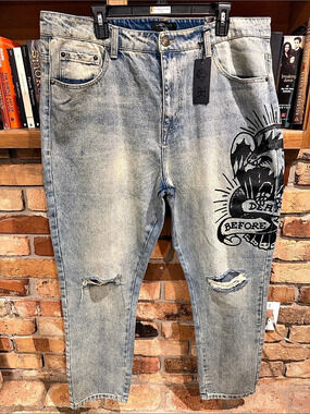 Ed Hardy Slim Fit Graphic Straight Leg Jeans Blue Waist 38 NWT